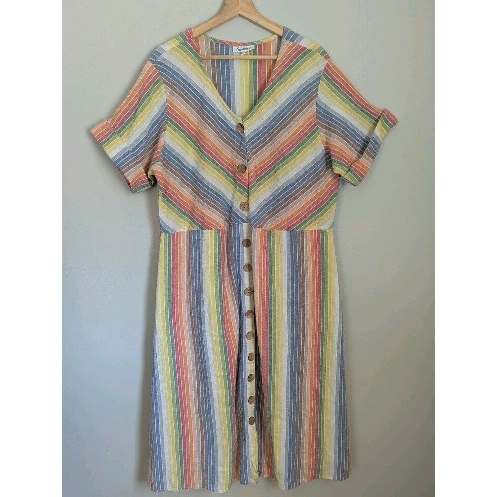 Pastel Rainbow Stripe 100% Cotton Gauze DRESS 2X A-line Serengeti Lined Midi EUC